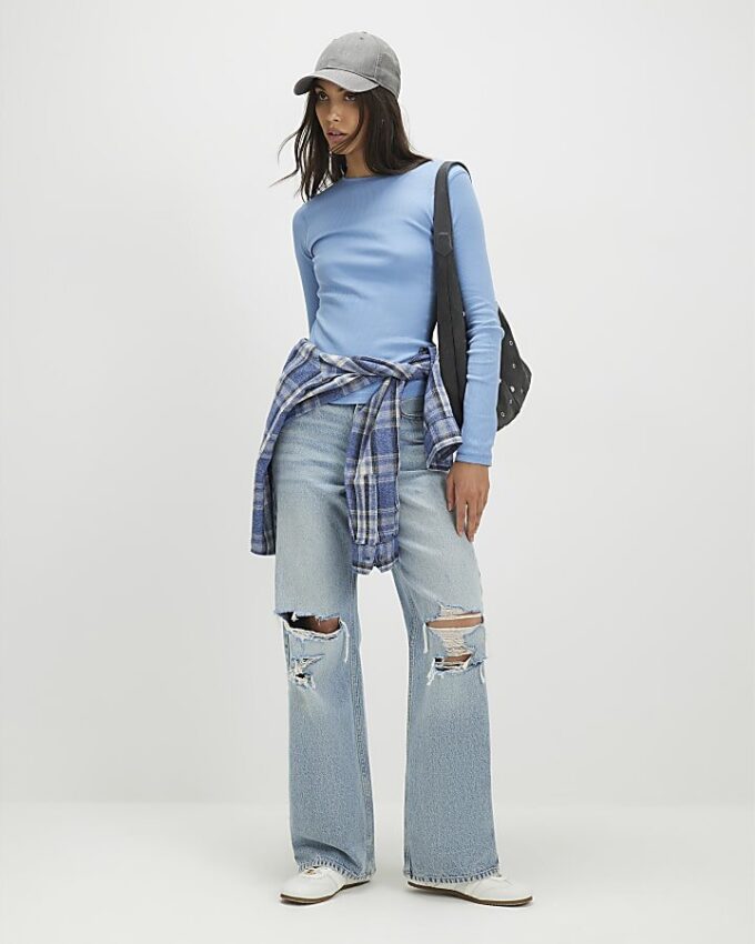 Blue Long Sleeve Ribbed Crew Neck Top
