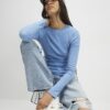 Blue Long Sleeve Ribbed Crew Neck Top