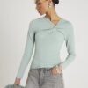 Blue Long Sleeve Twist Front Top