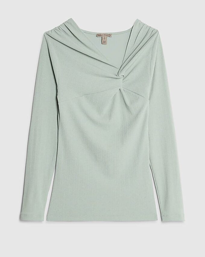 Blue Long Sleeve Twist Front Top