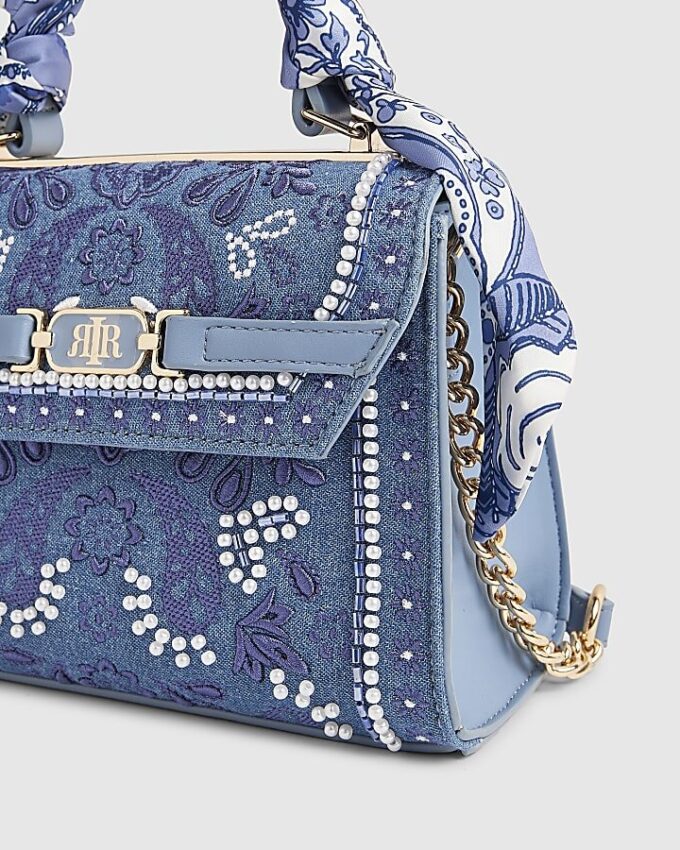 Blue Mini Embroidered Cross Body Tote Bag
