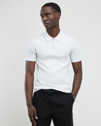 Blue Muscle Fit Ribbed Quarter Zip Polo Shirt