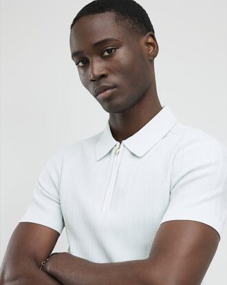 Blue Muscle Fit Ribbed Quarter Zip Polo Shirt
