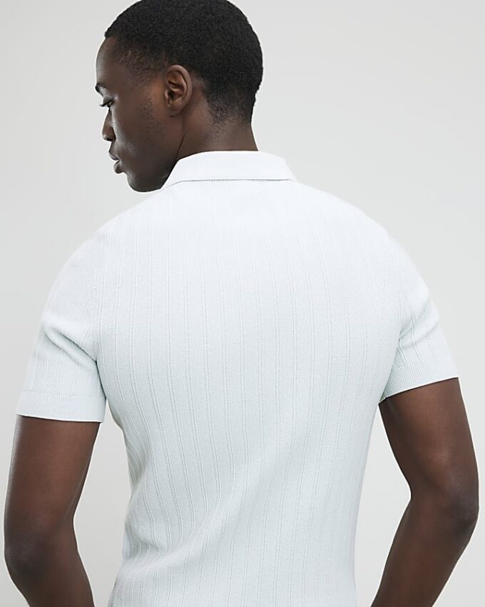 Blue Muscle Fit Ribbed Quarter Zip Polo Shirt