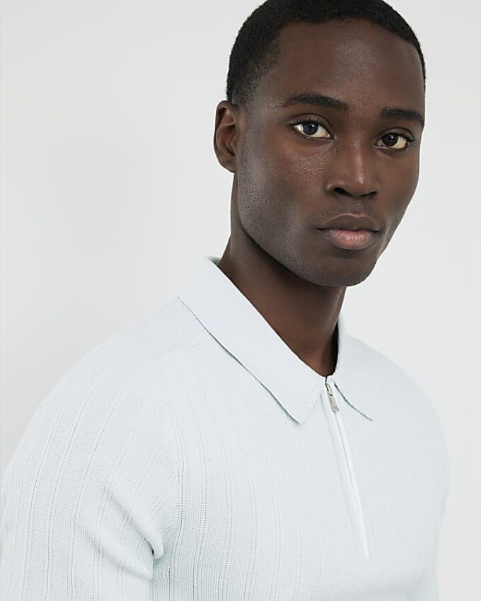 Blue Muscle Fit Ribbed Quarter Zip Polo Shirt