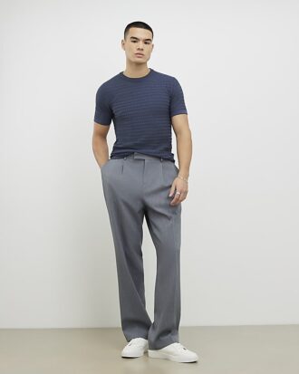 Blue Muscle Fit Textured Knit T-Shirt
