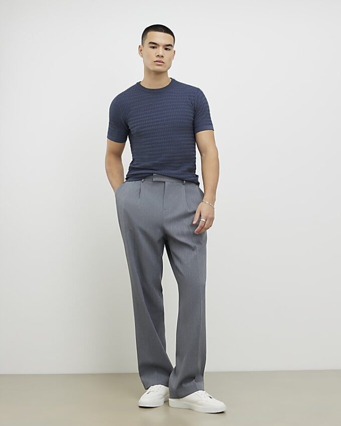 Blue Muscle Fit Textured Knit T-Shirt