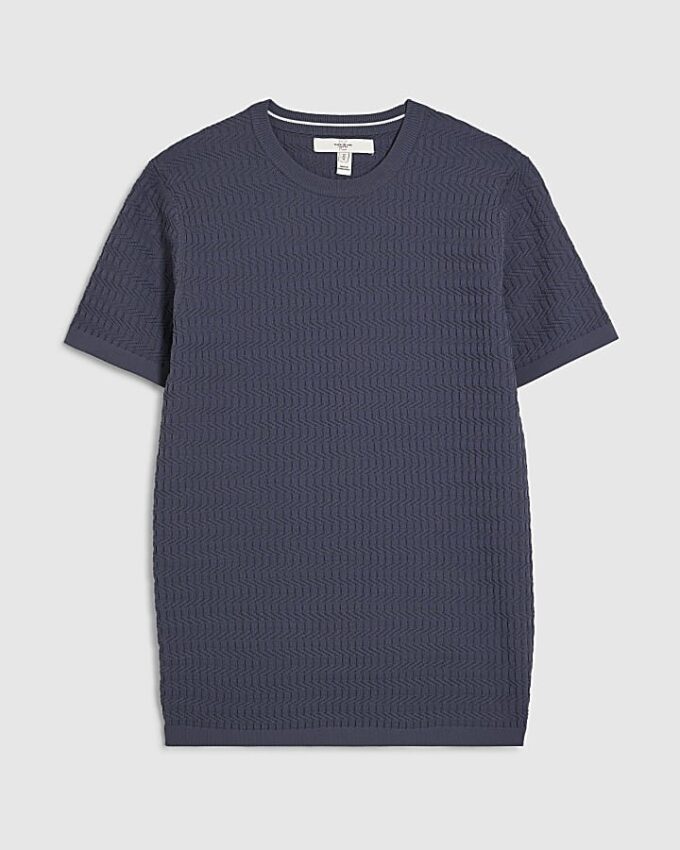 Blue Muscle Fit Textured Knit T-Shirt