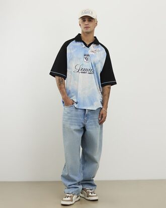 Blue Oversized Fit Mesh Polo Shirt