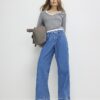 Blue Pleat Front Wide Leg Jeans
