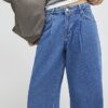 Blue Pleat Front Wide Leg Jeans