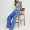 Blue Pleat Front Wide Leg Jeans