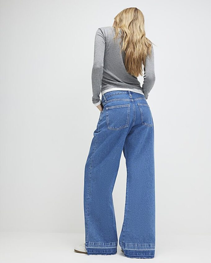Blue Pleat Front Wide Leg Jeans