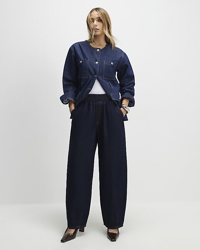 Blue Pull On Barrel Leg Jeans
