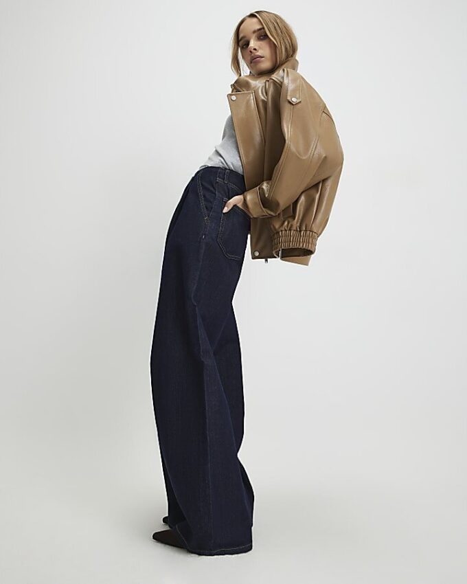 Blue Raw Waistband Wide Leg Jeans