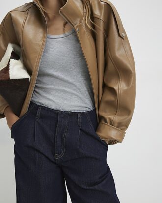 Blue Raw Waistband Wide Leg Jeans
