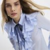 Blue Ruffle Tie Neck Blouse