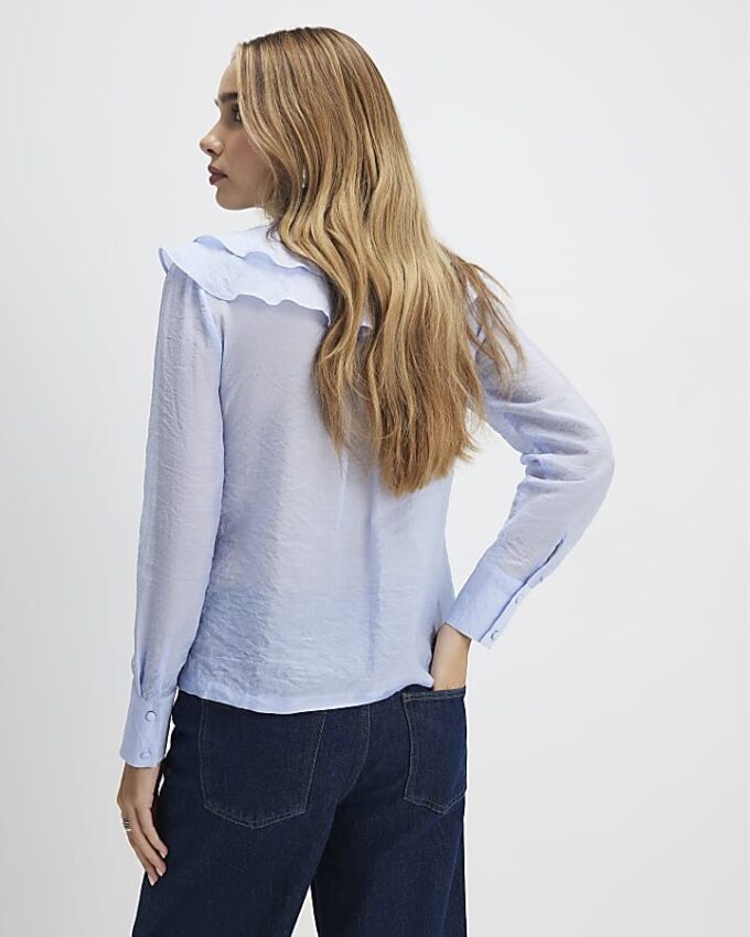 Blue Ruffle Tie Neck Blouse