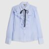 Blue Ruffle Tie Neck Blouse