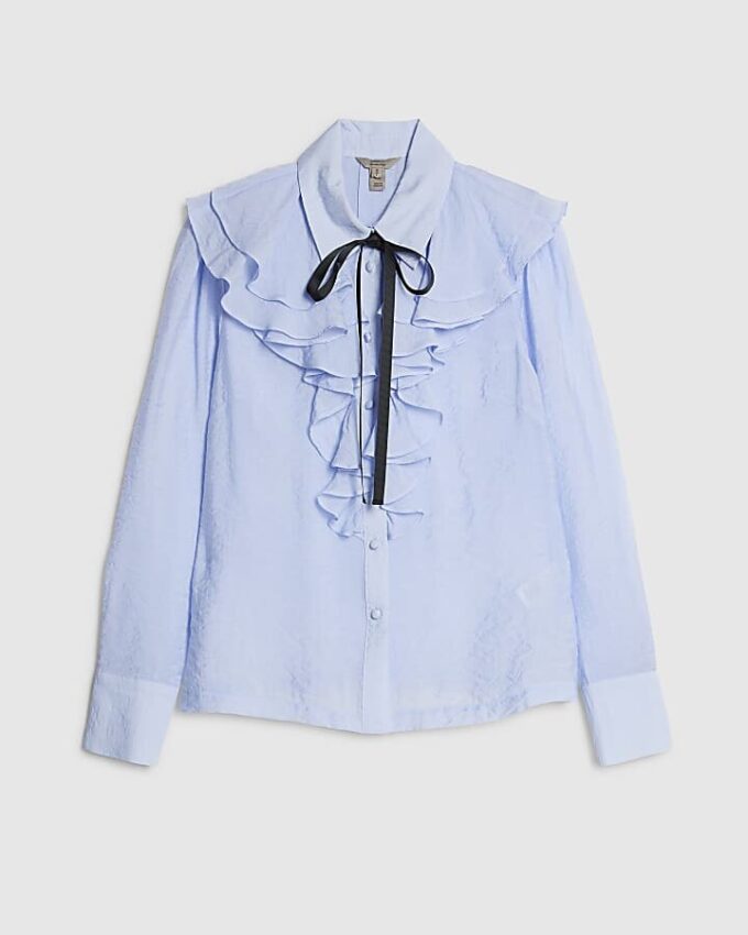 Blue Ruffle Tie Neck Blouse