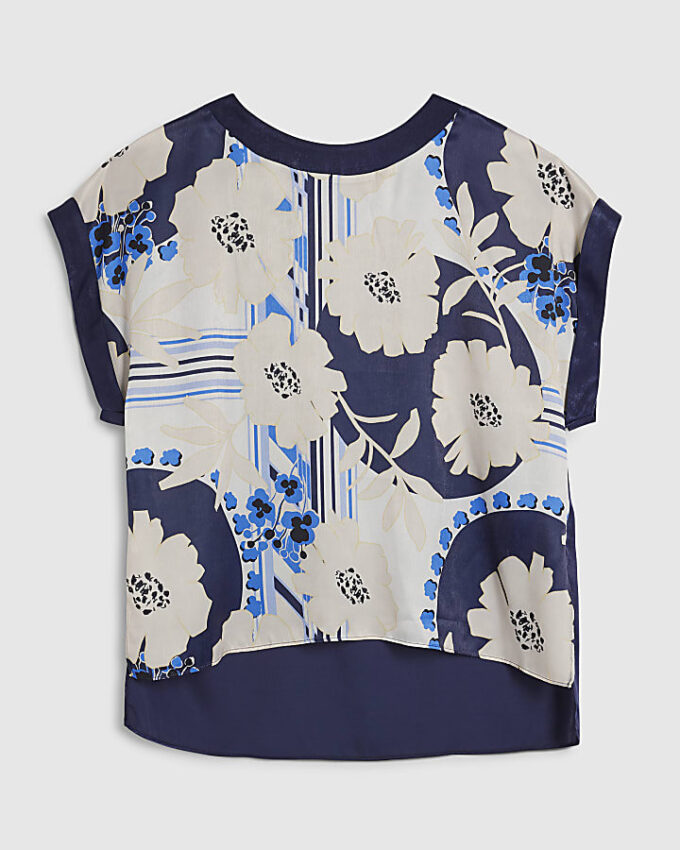 Blue Satin Short Sleeve Floral Print Top