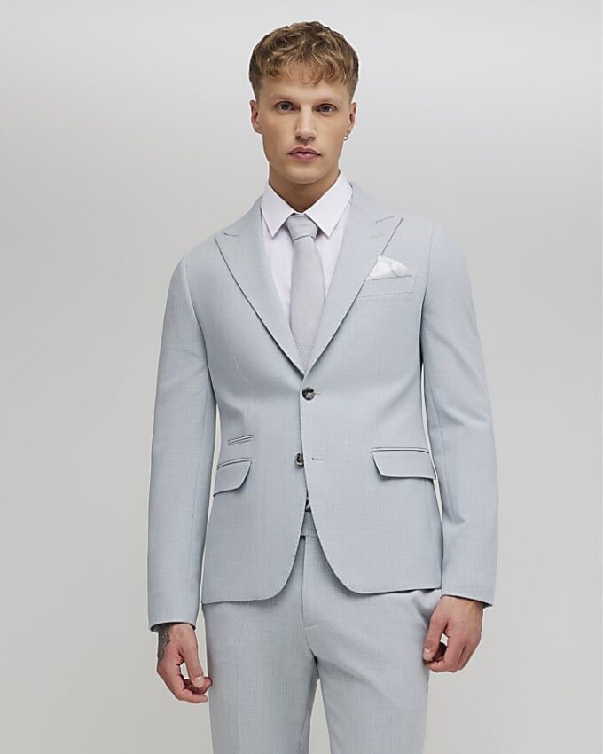 Blue Skinny Fit Check Suit Jacket