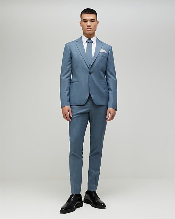 Blue Skinny Fit Pinstripe Suit Jacket