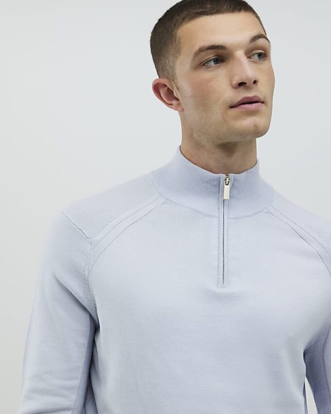 Blue Slim Fit Half Zip Jumpers