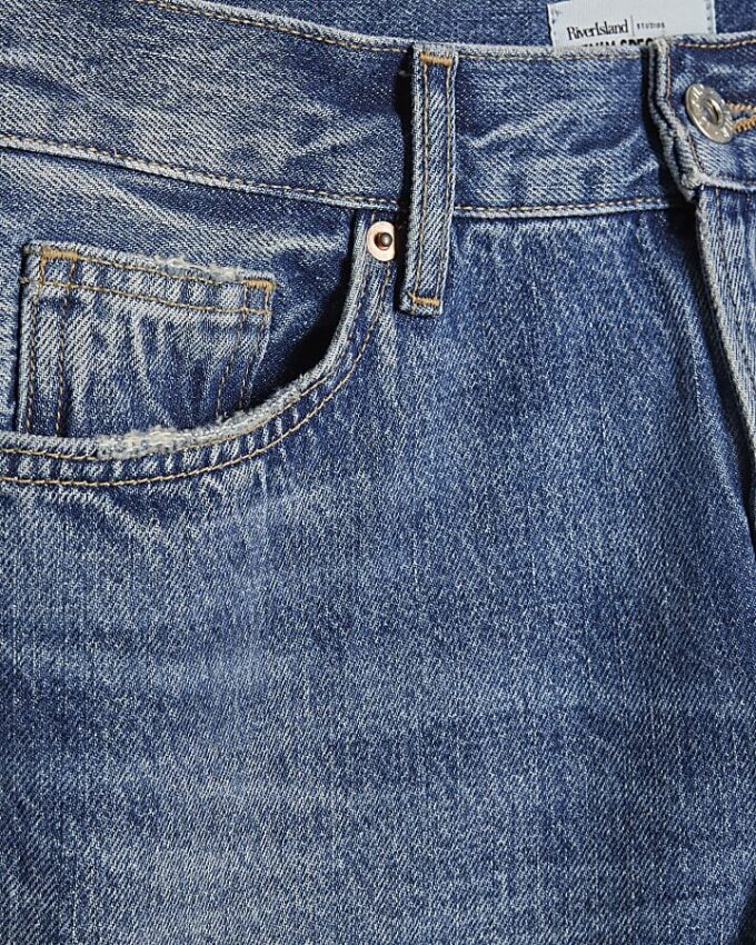 Blue Split Hem Straight Leg Jeans