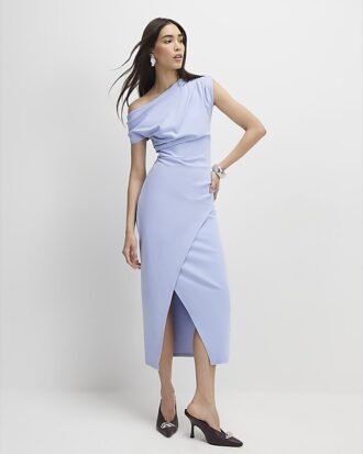 Blue Stretchy Draped Midi Dress