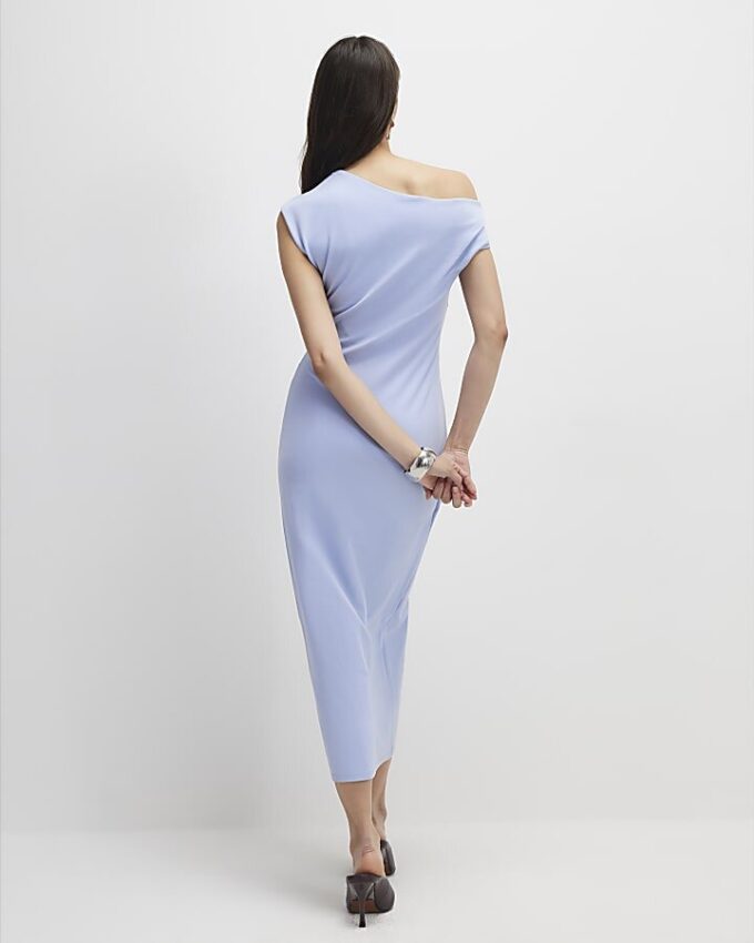 Blue Stretchy Draped Midi Dress