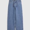 Blue Wide Leg Tie Front Jeans
