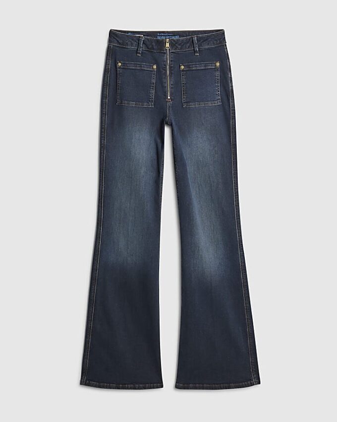 Blue zip up relaxed flare jeans