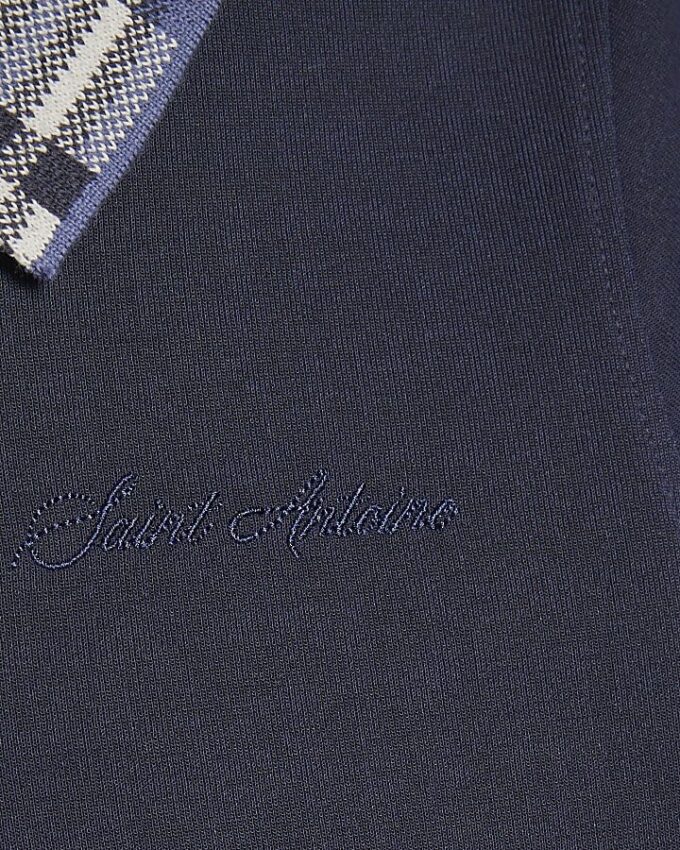 Boys Navy Check Collar Polo Shirt