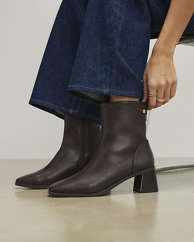 Brown Block Heel Stretch Sock Boot