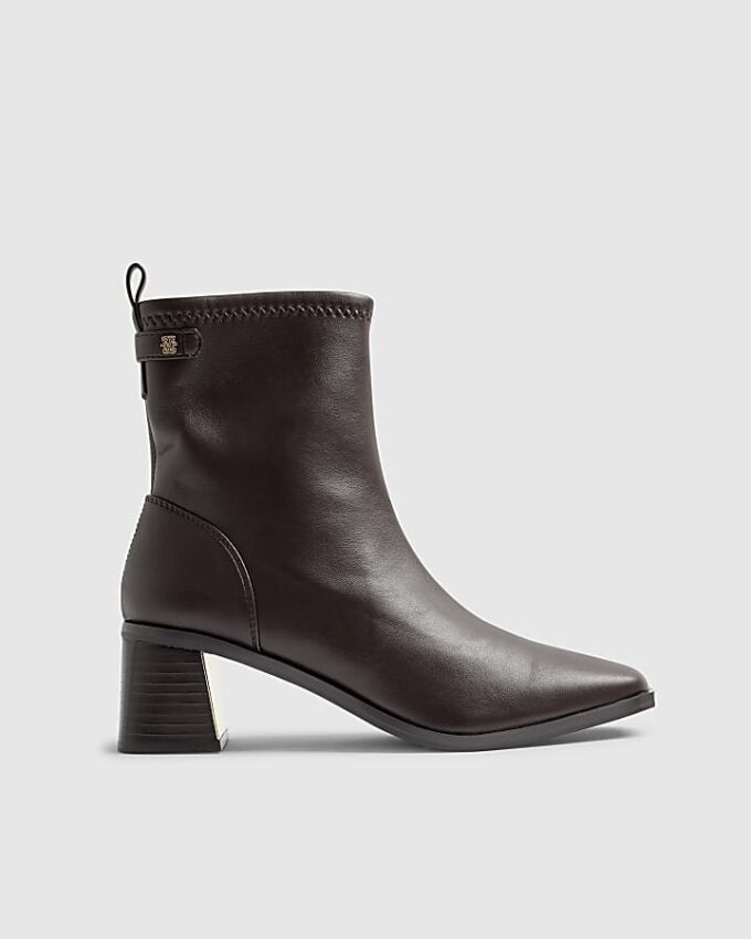 Brown Block Heel Stretch Sock Boot