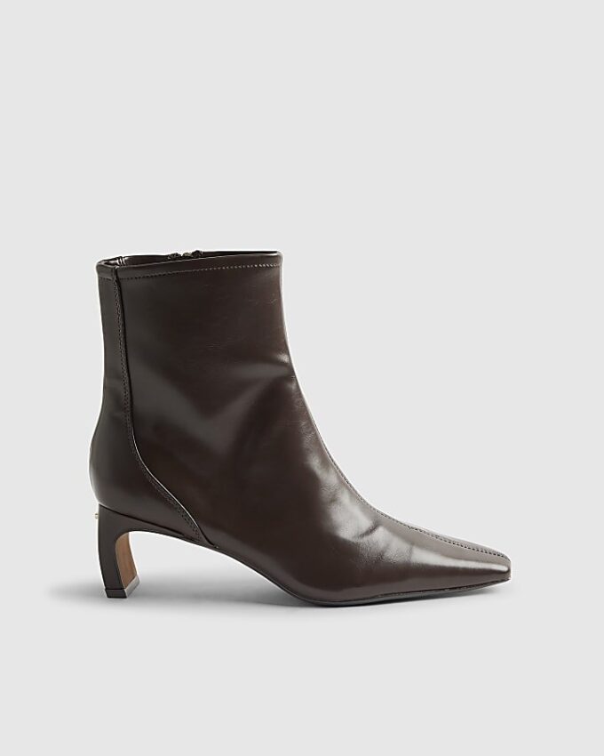Brown Block Heel Stretch Sock Boots