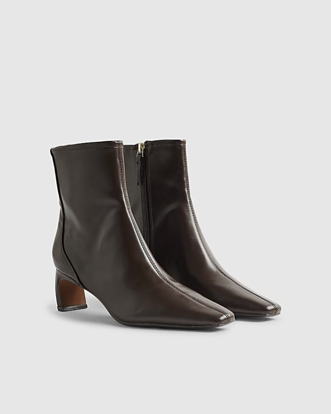 Brown Block Heel Stretch Sock Boots
