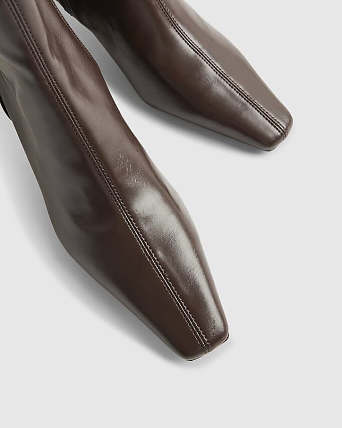 Brown Block Heel Stretch Sock Boots