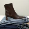 Brown Block Heel Stretch Sock Boots
