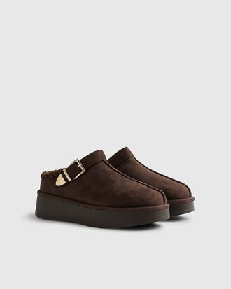 Brown Buckle Strap Borg Lined Mule Boots
