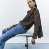 Brown Check Cowl Neck Drape Blouse