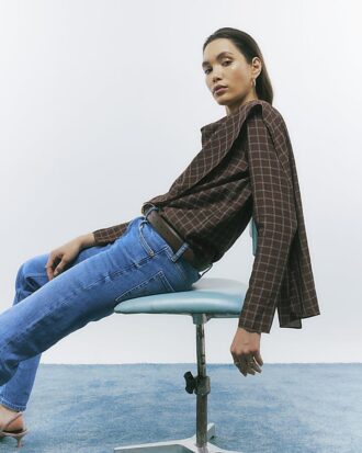 Brown Check Cowl Neck Drape Blouse