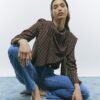 Brown Check Cowl Neck Drape Blouse