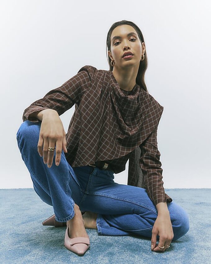 Brown Check Cowl Neck Drape Blouse