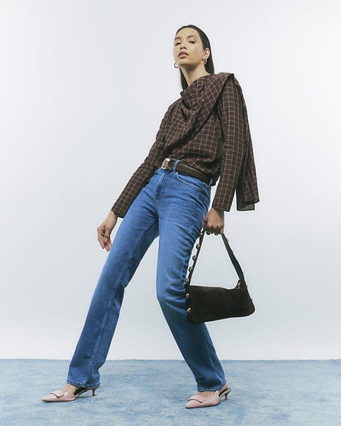 Brown Check Cowl Neck Drape Blouse