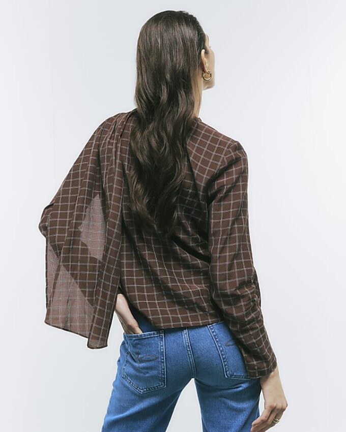 Brown Check Cowl Neck Drape Blouse