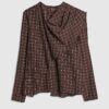 Brown Check Cowl Neck Drape Blouse