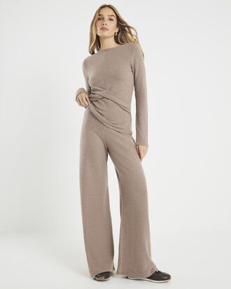 Brown Cosy Long Sleeve Twist Front Top