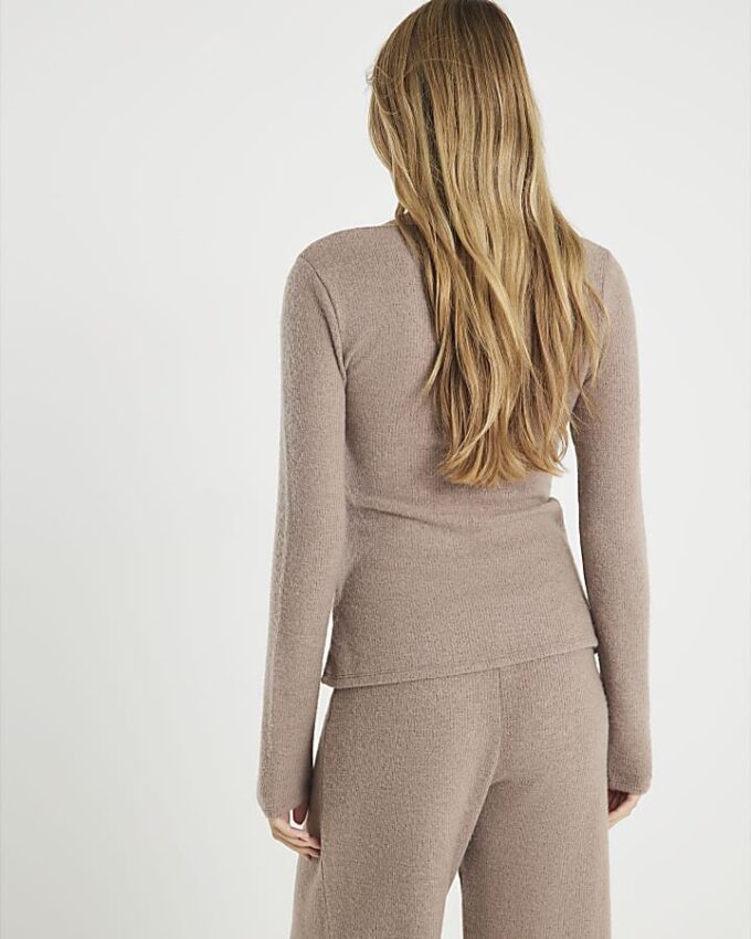 Brown Cosy Long Sleeve Twist Front Top